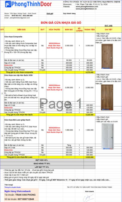 bảng giá cửa nhựa